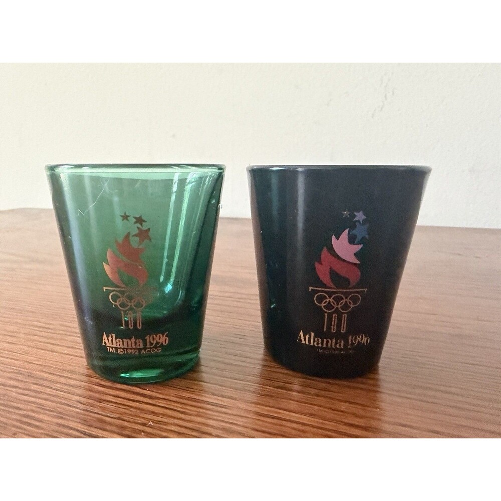 Atlanta 1996 Olympic 100 Years Libbey Shot Glasses Green Black Set of 2
